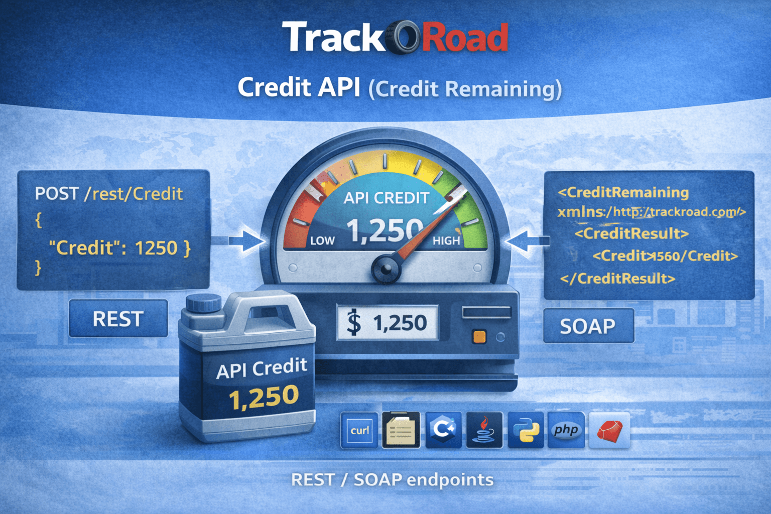 TrackRoad Credit API showing remaining API credit via REST /rest/Credit and SOAP CreditRemaining.