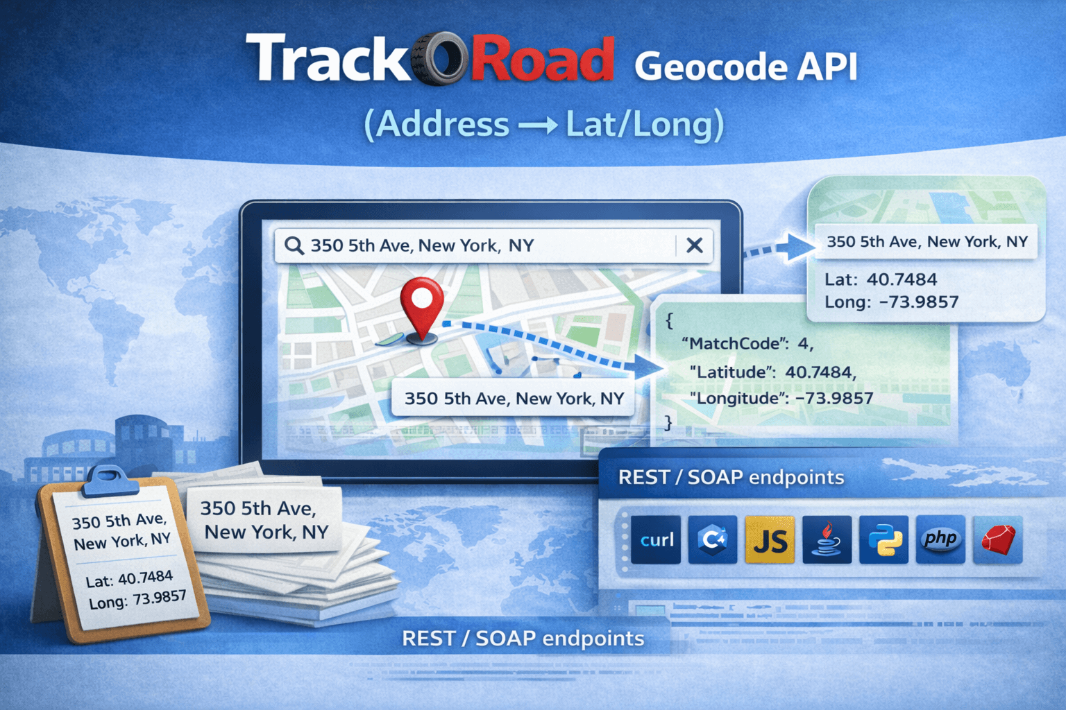 TrackRoad Geocode API converting an address into latitude/longitude coordinates (REST + SOAP).