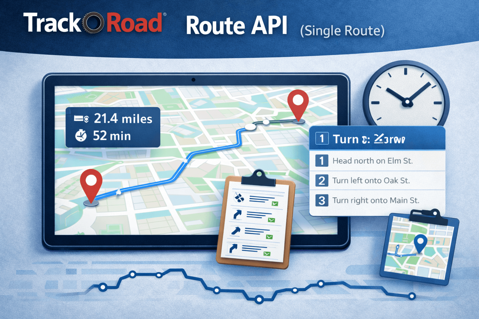 TrackRoad Route API generating a single optimized route with distance, time, and turn-by-turn directions.