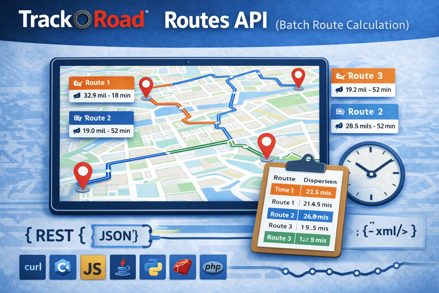 Illustration of TrackRoad Routes API calculating multiple routes in one request and returning distances and times.