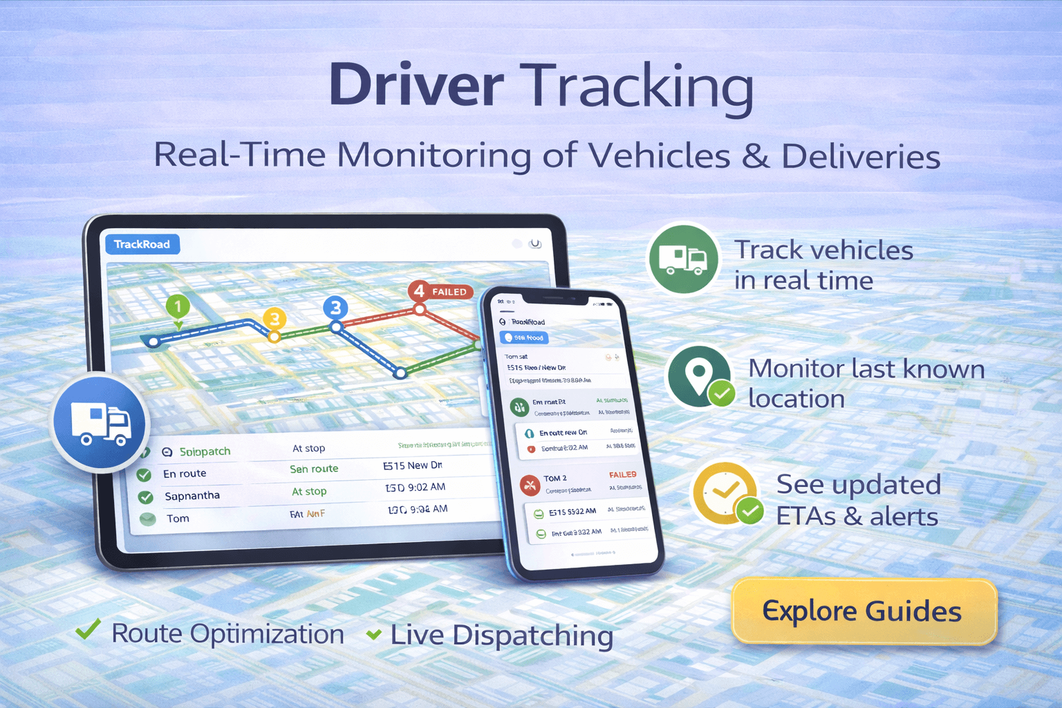 TrackRoad driver tracking interface showing route progress, stops status in real time.