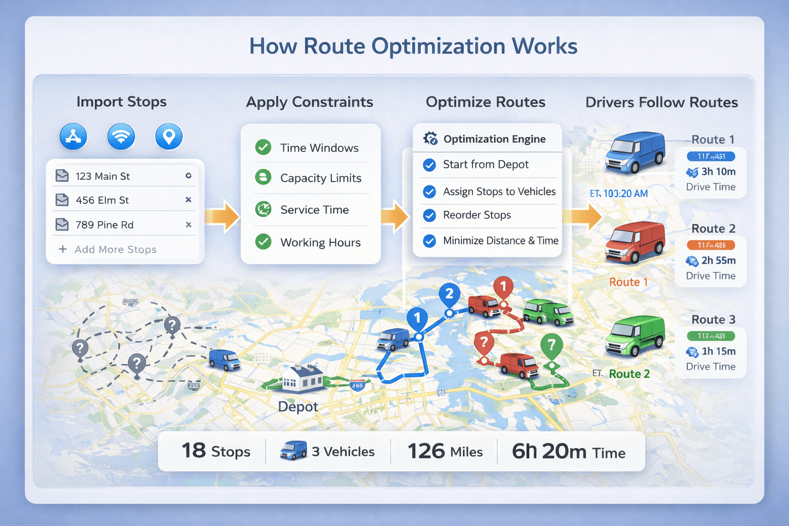 How route optimization works: stops, vehicles, constraints, optimization engine, and optimized routes