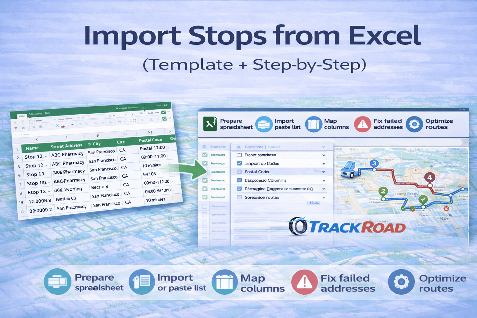 Excel spreadsheet template mapped into a multi-stop route plan in TrackRoad