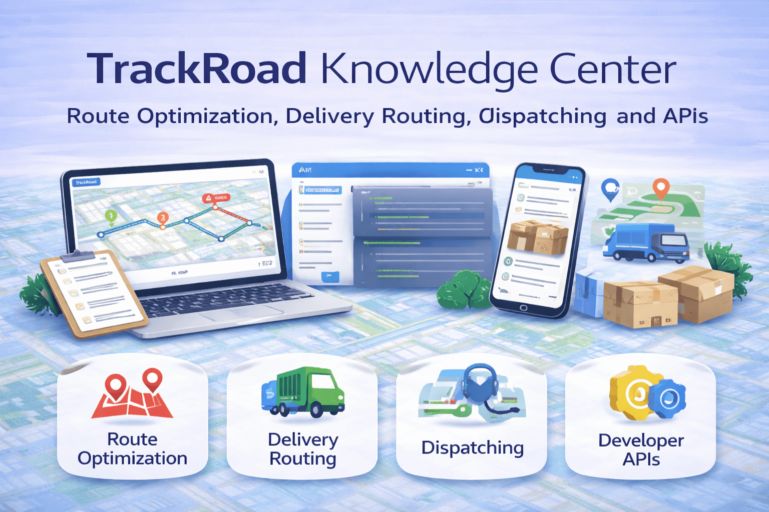 TrackRoad Knowledge Center covering route optimization, delivery routing, dispatching, and developer APIs