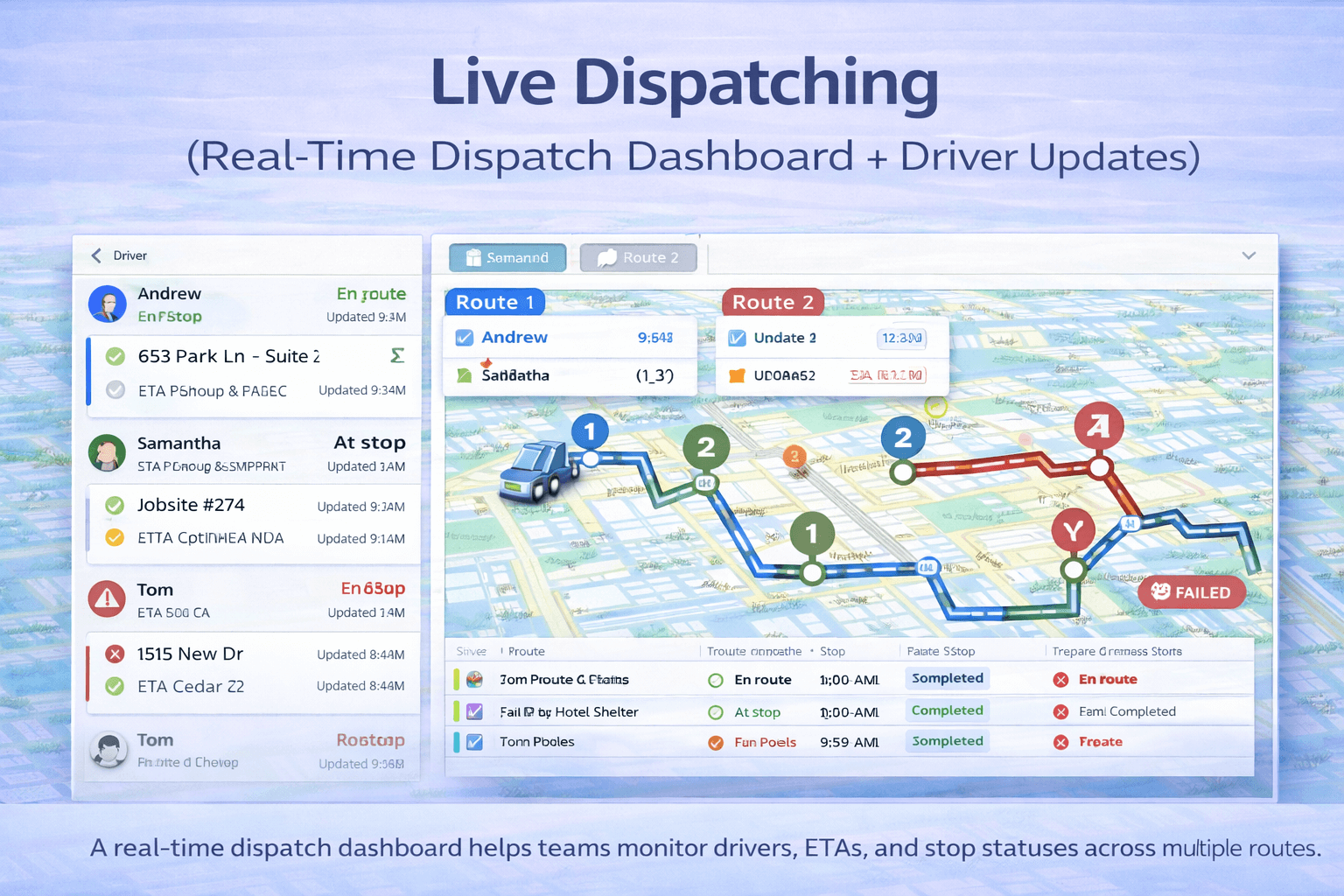 Live dispatching dashboard showing multiple vehicles, real-time driver locations, ETAs, and stop statuses