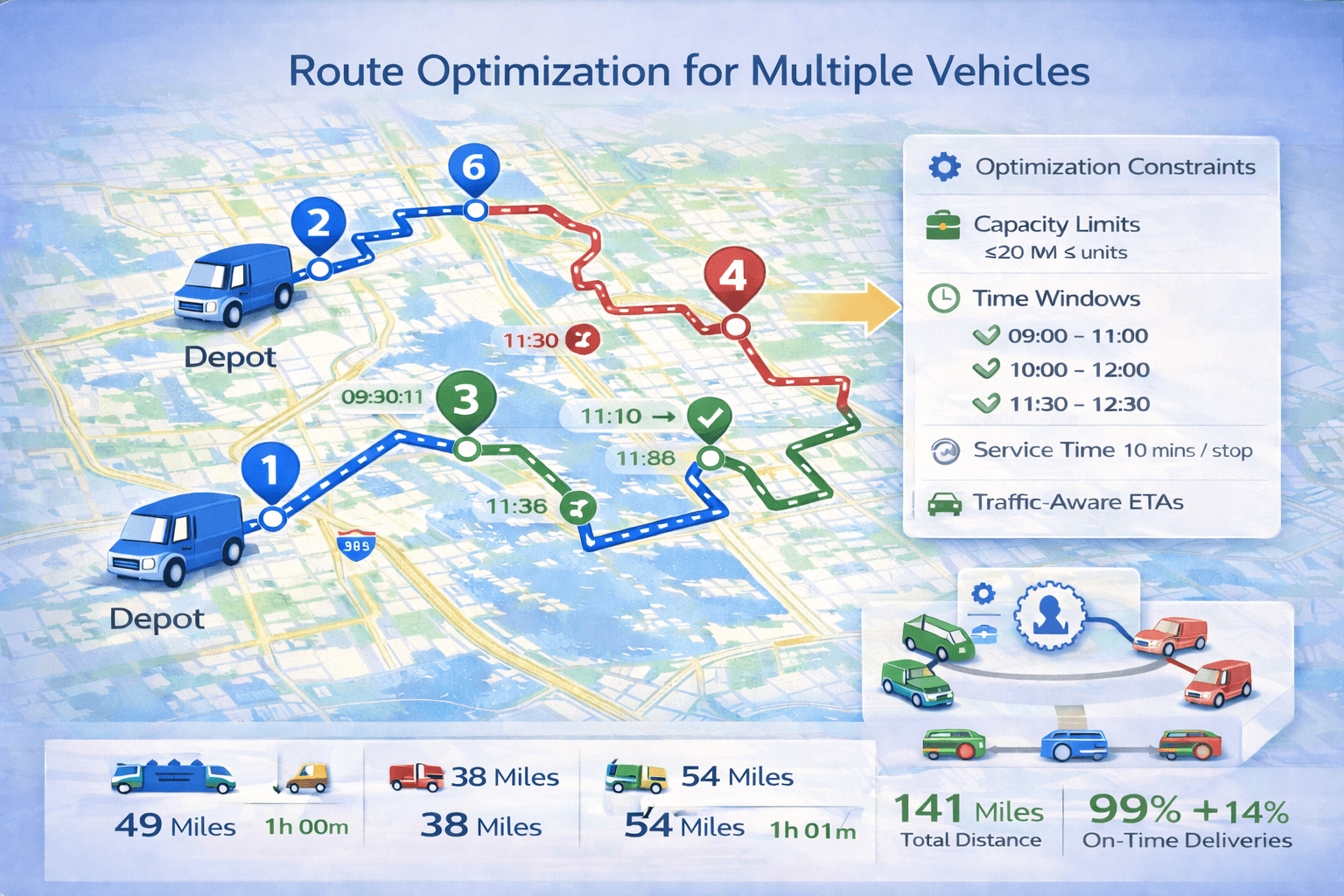 Route optimization with multiple vehicles showing feasible and infeasible delivery routes