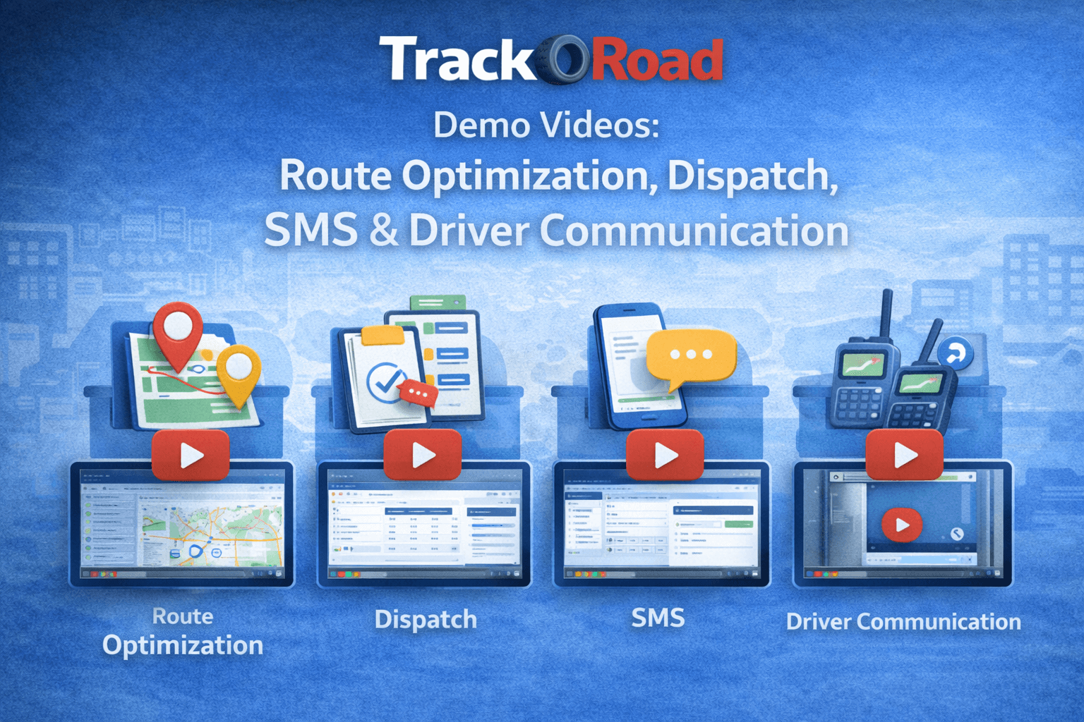 TrackRoad demo videos for route optimization, dispatch, SMS, and driver communication