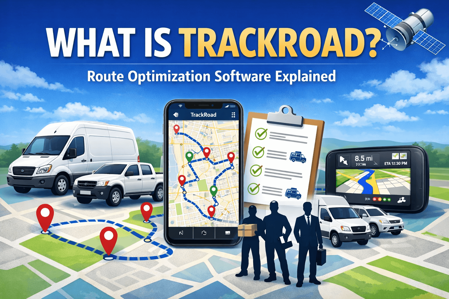 TrackRoad route optimization software showing optimized multi-vehicle routes and stop order.